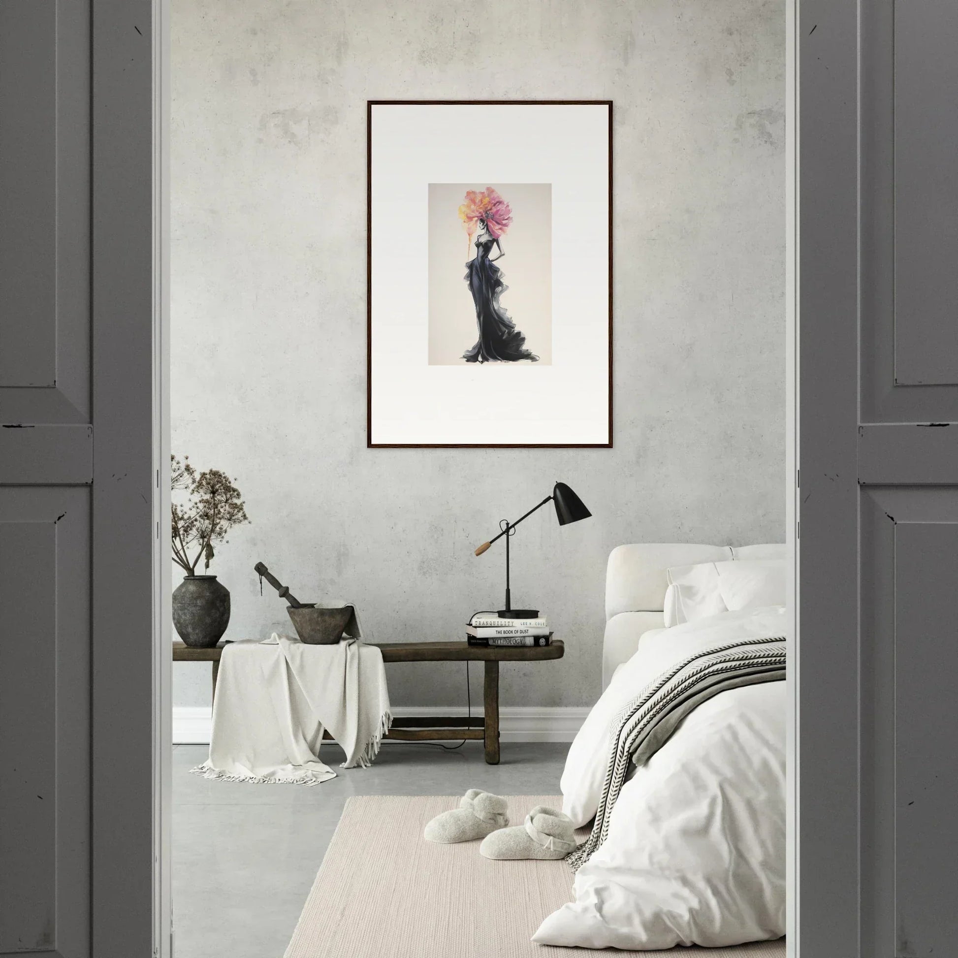 Framed fashion illustration of a black dress with pink floral accents for Sombras de Blossoms