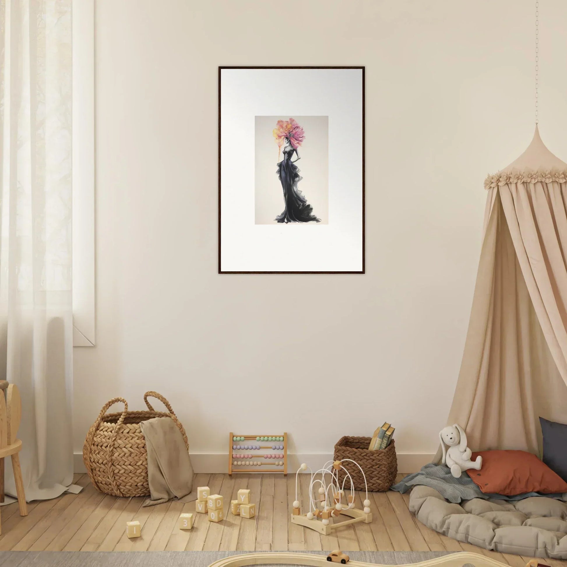 Framed fashion illustration of black evening gown in Sombras de Blossoms special edition art™