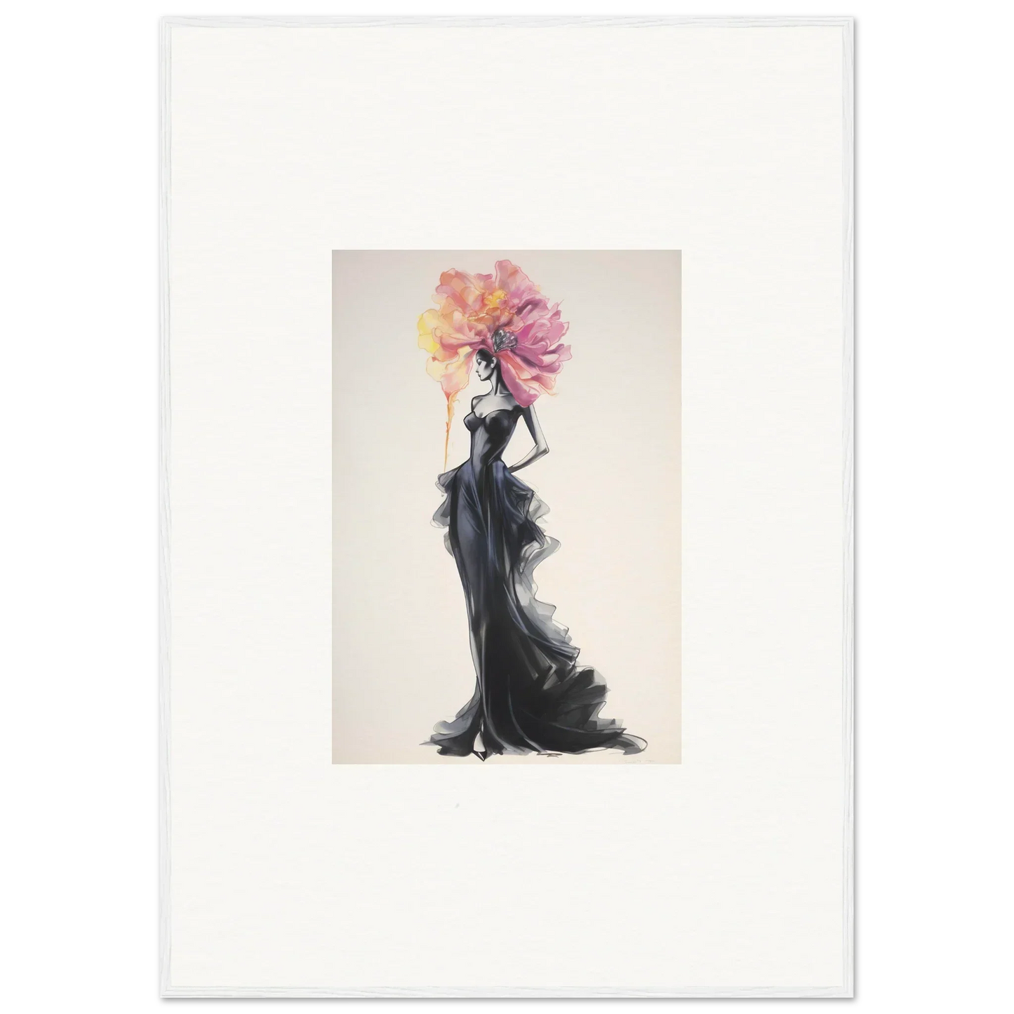 Fashion illustration of a figure in an evening gown with a floral headpiece for Sombras de Blossoms special edition art™