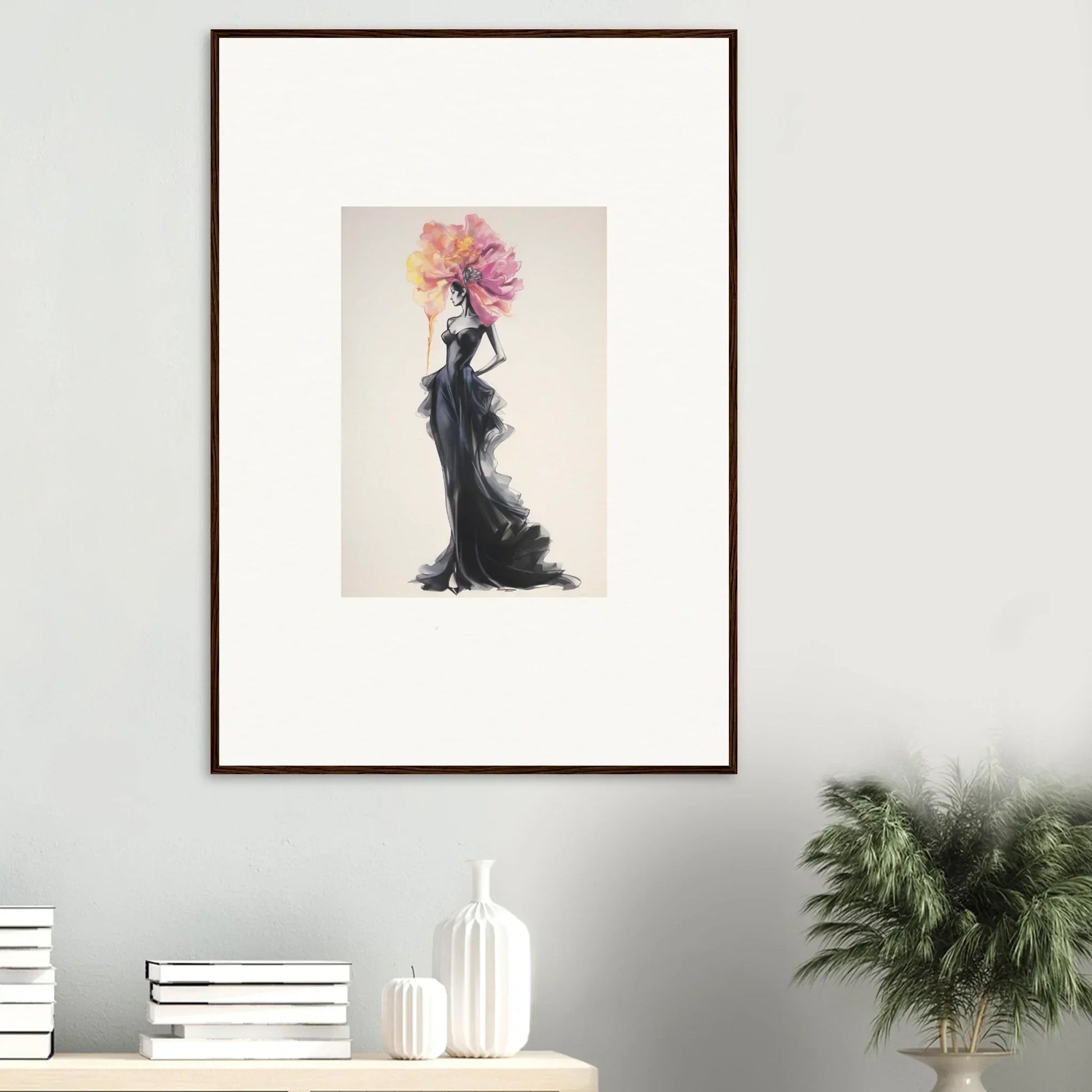 Framed wall art featuring a figure in a black dress with vibrant floral details