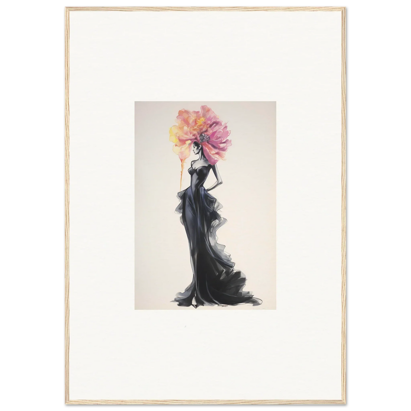 Elegant fashion illustration of a figure in a black gown with a floral headpiece, perfect for premium framed wall art