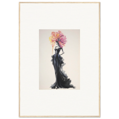 Elegant fashion illustration of a figure in a black gown with a floral headpiece, perfect for premium framed wall art