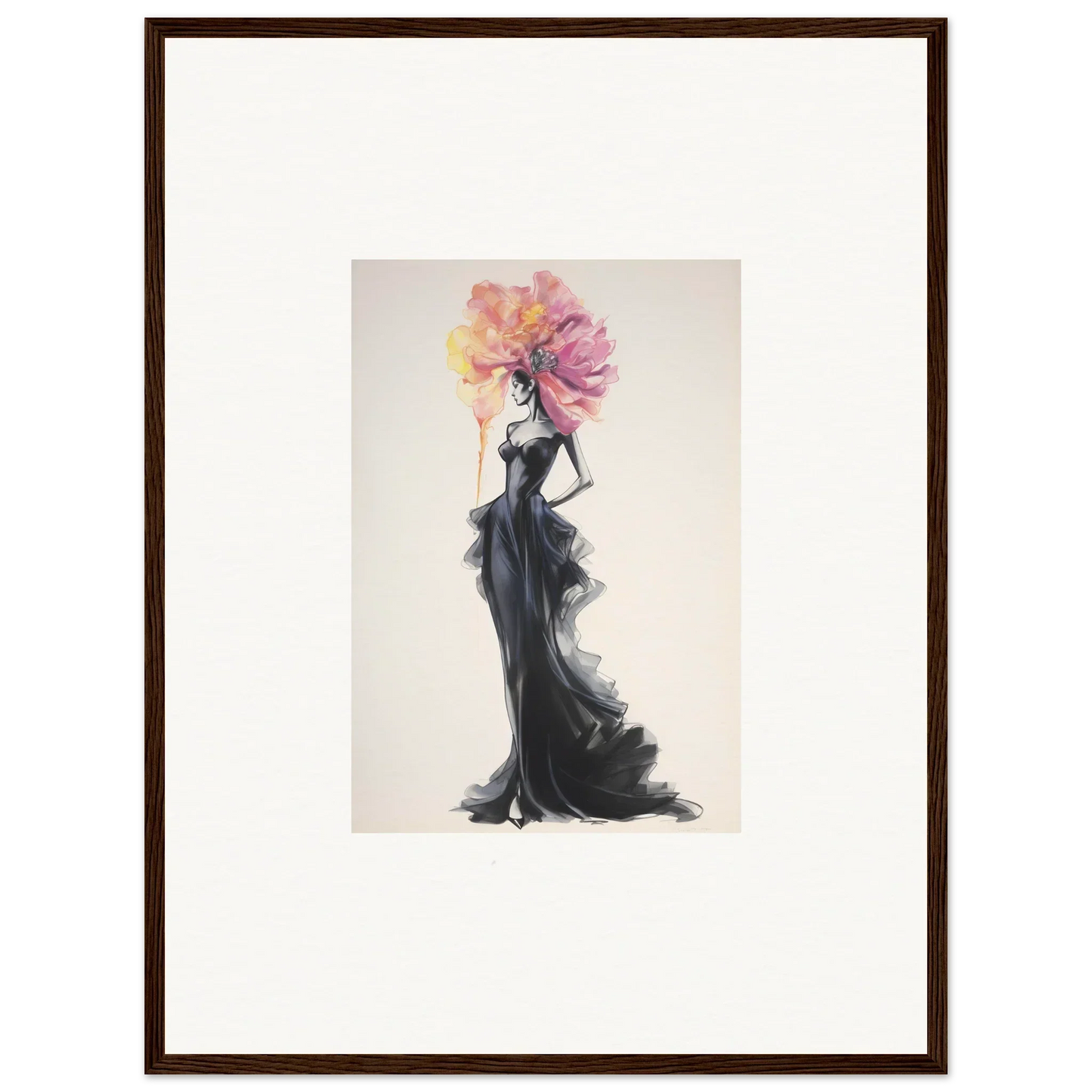 Elegant fashion illustration of a figure in a black gown with floral headdress, Sombras de Blossoms special edition art™