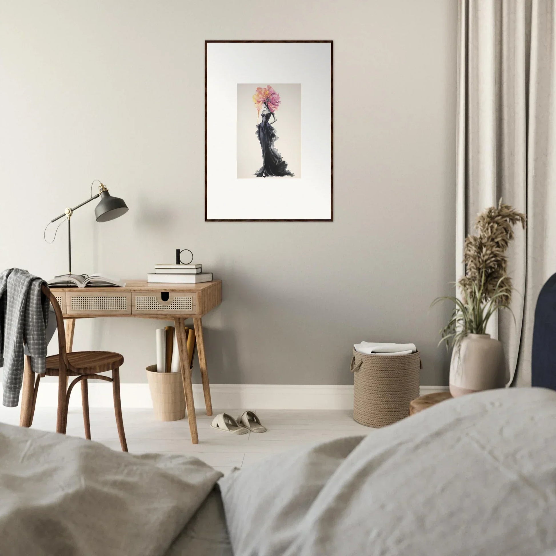 Minimalist bedroom workspace featuring a wooden desk and Sombras de Blossoms framed wall art