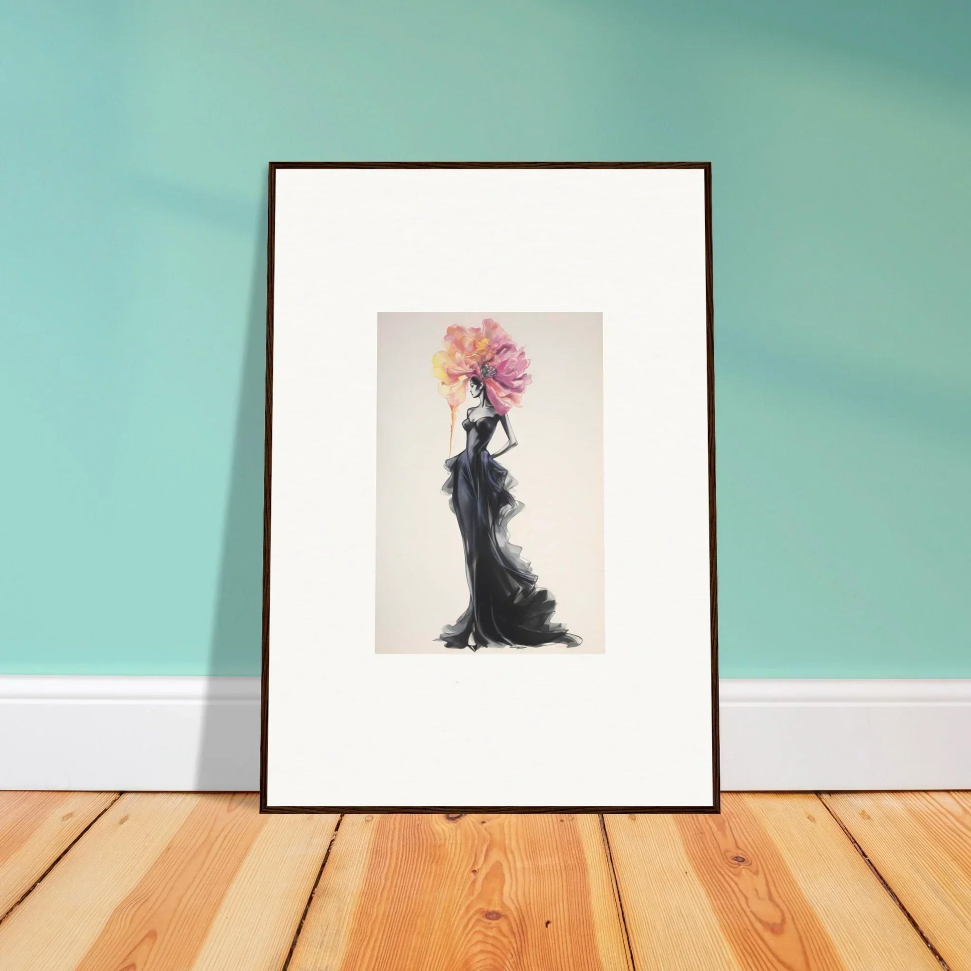 Framed wall art featuring a figure in a black dress for Sombras de Blossoms special edition