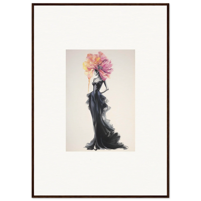 Elegant fashion illustration of black gown with floral headpiece for Sombras de Blossoms premium framed wall art