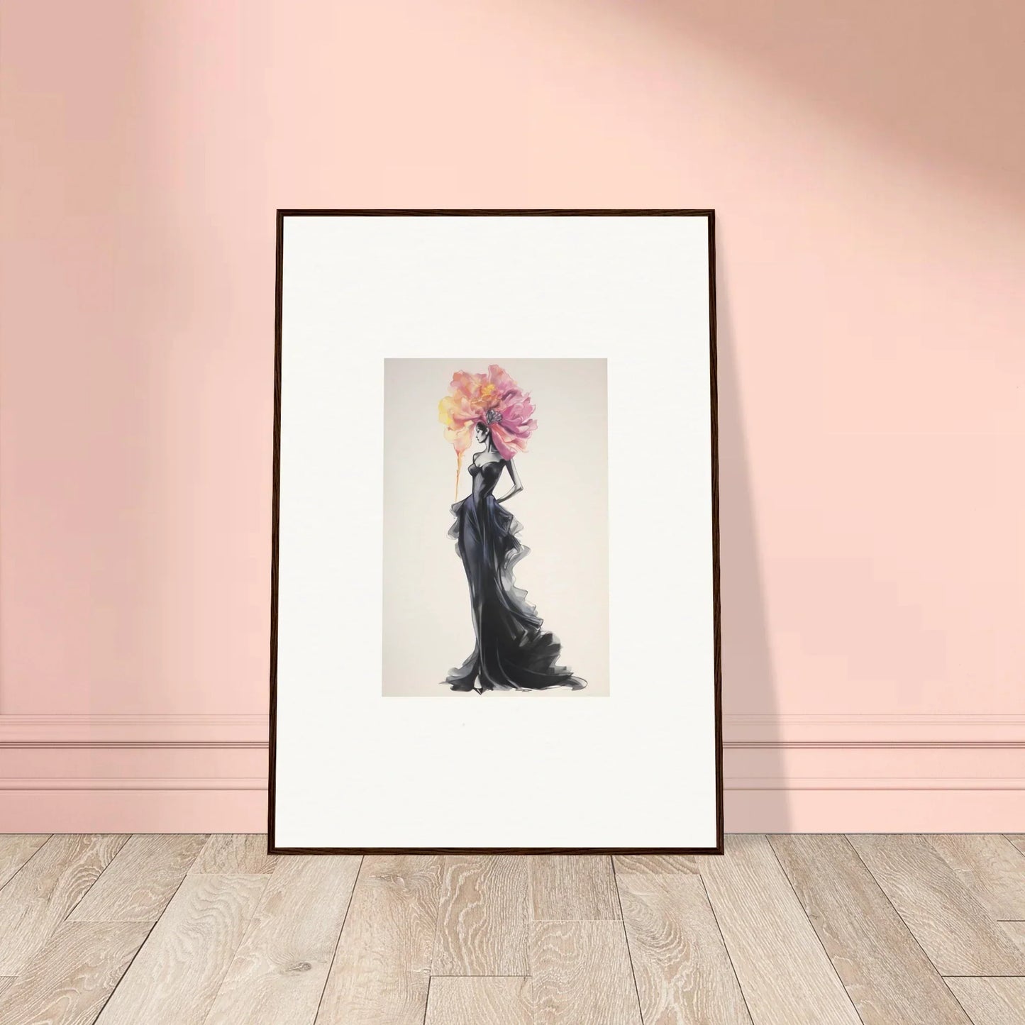 Framed fashion illustration of a black gown with pink floral accents for Sombras de Blossoms