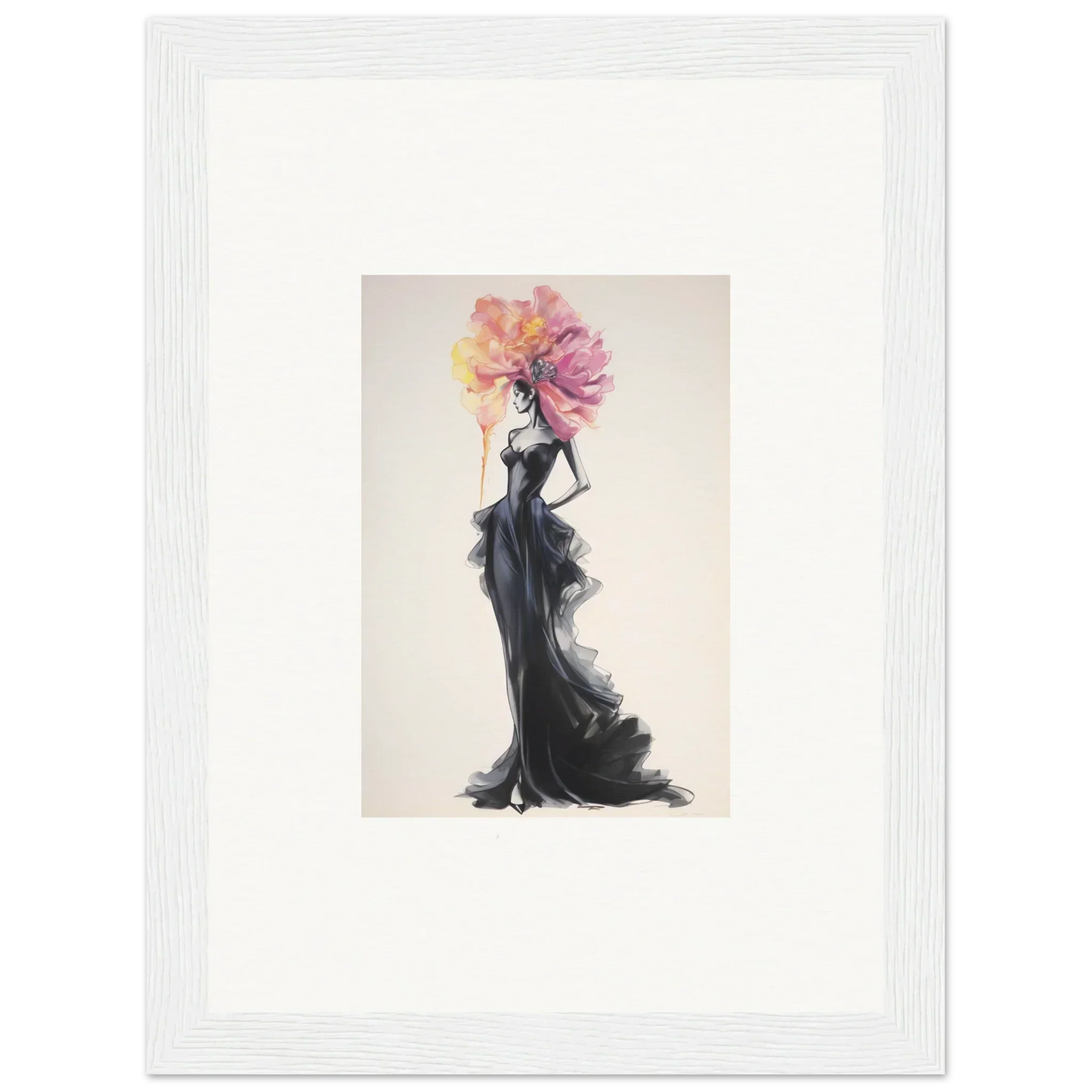 Elegant fashion illustration of a black gown with floral headpiece for premium framed wall art