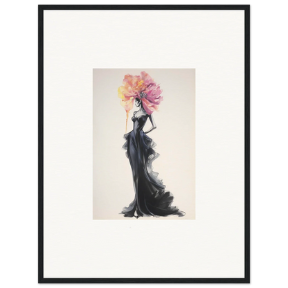 Fashion illustration in a black gown with floral headpiece for premium framed wall art