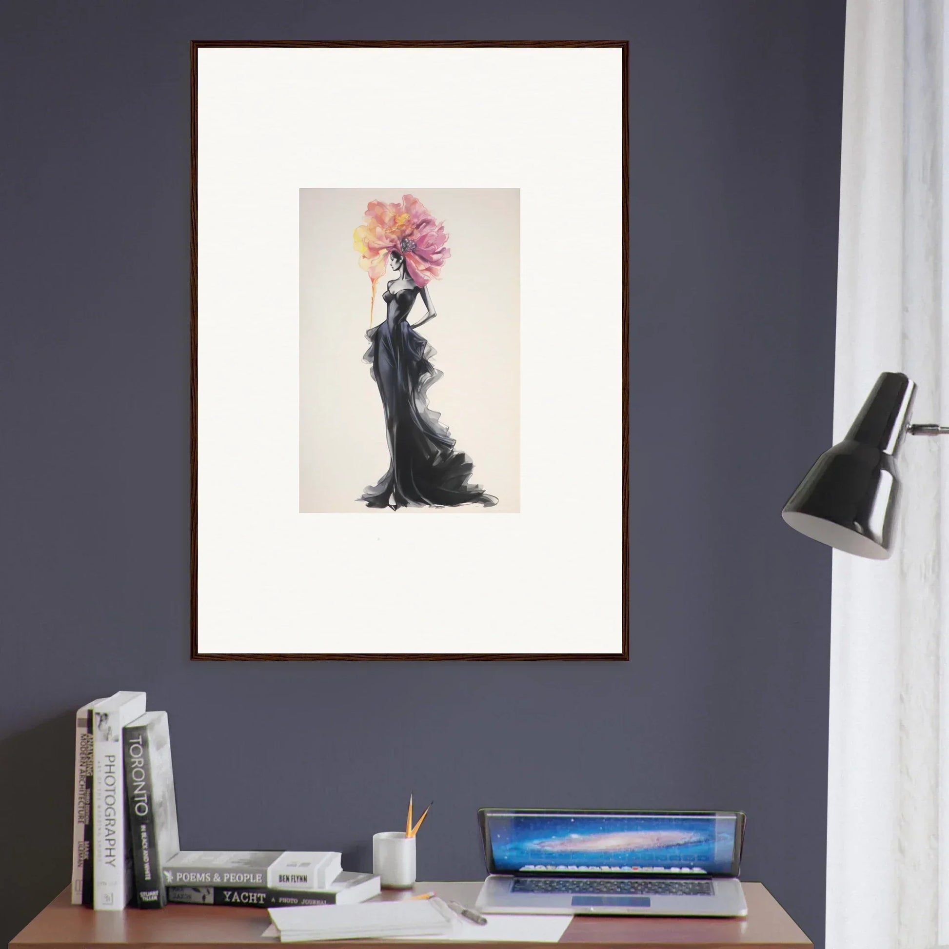 Elegant silhouette in black dress, pink floral headpiece in premium framed wall art