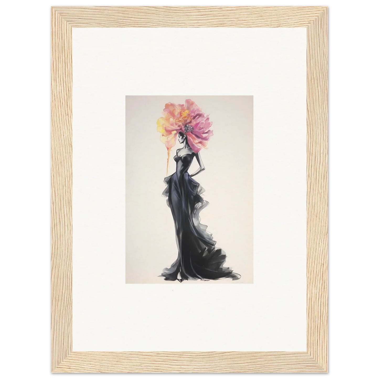 Fashion illustration of a figure in a black evening gown with a floral headpiece for Sombras de Blossoms premium framed wall art