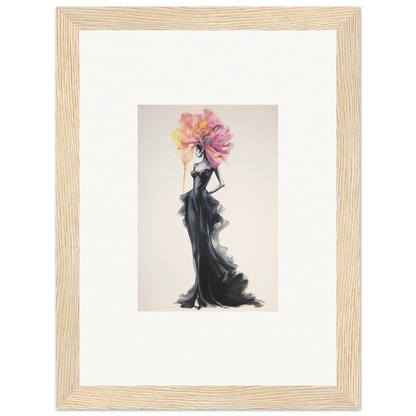 Fashion illustration of a figure in a black evening gown with a floral headpiece for Sombras de Blossoms premium framed wall art