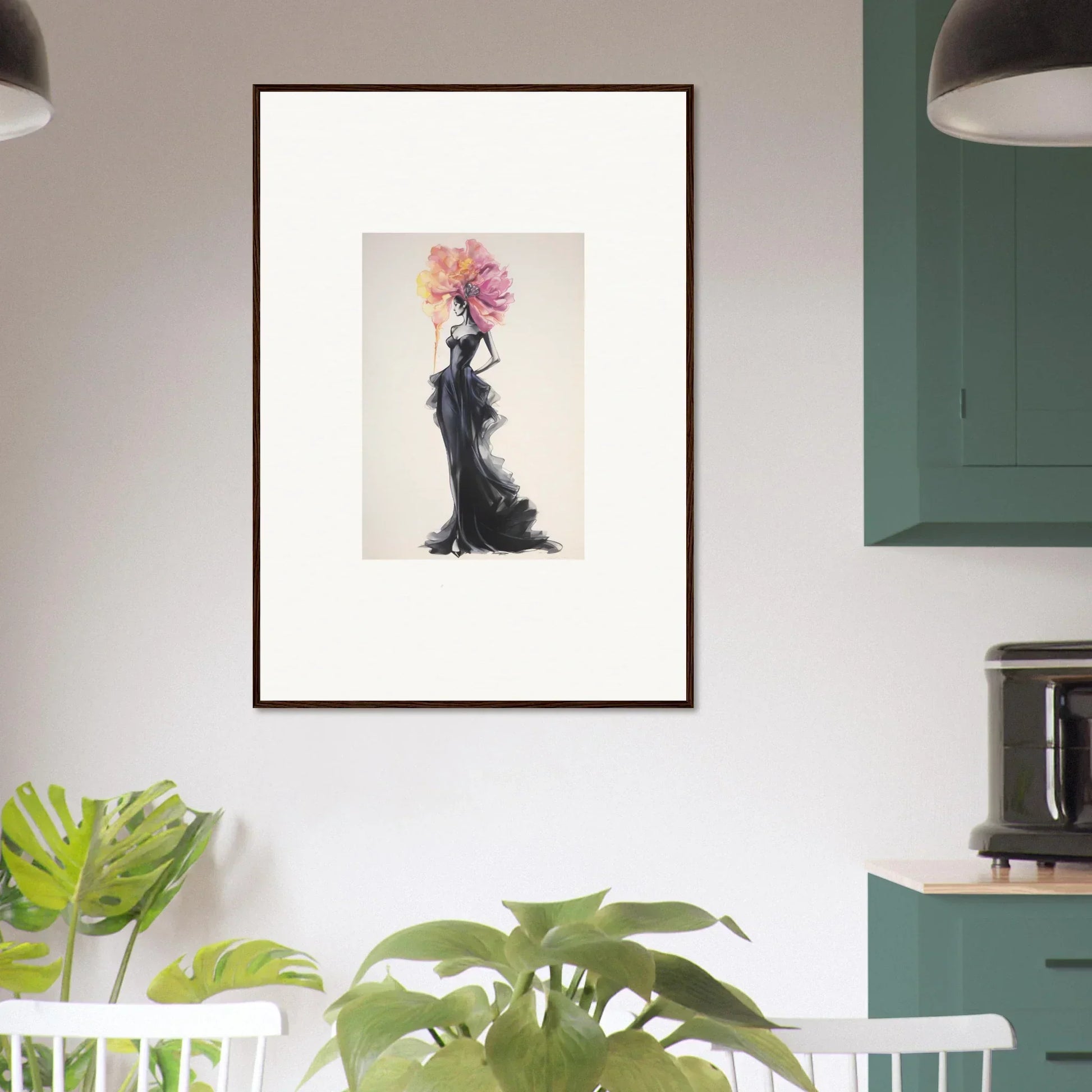 Framed watercolor artwork of a figure in a flowing dress, perfect for premium wall art