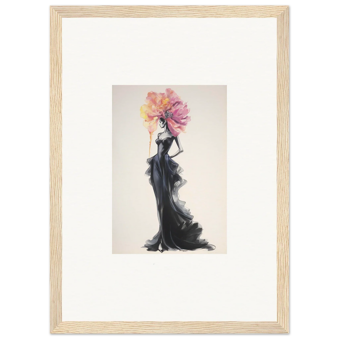 Fashion illustration of a figure in a black gown with a floral headpiece for Sombras de Blossoms special edition art™