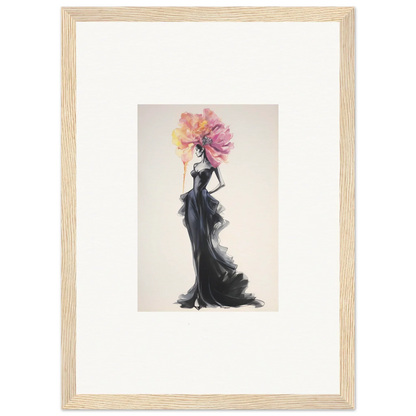 Fashion illustration of a figure in a black gown with a floral headpiece for Sombras de Blossoms special edition art™