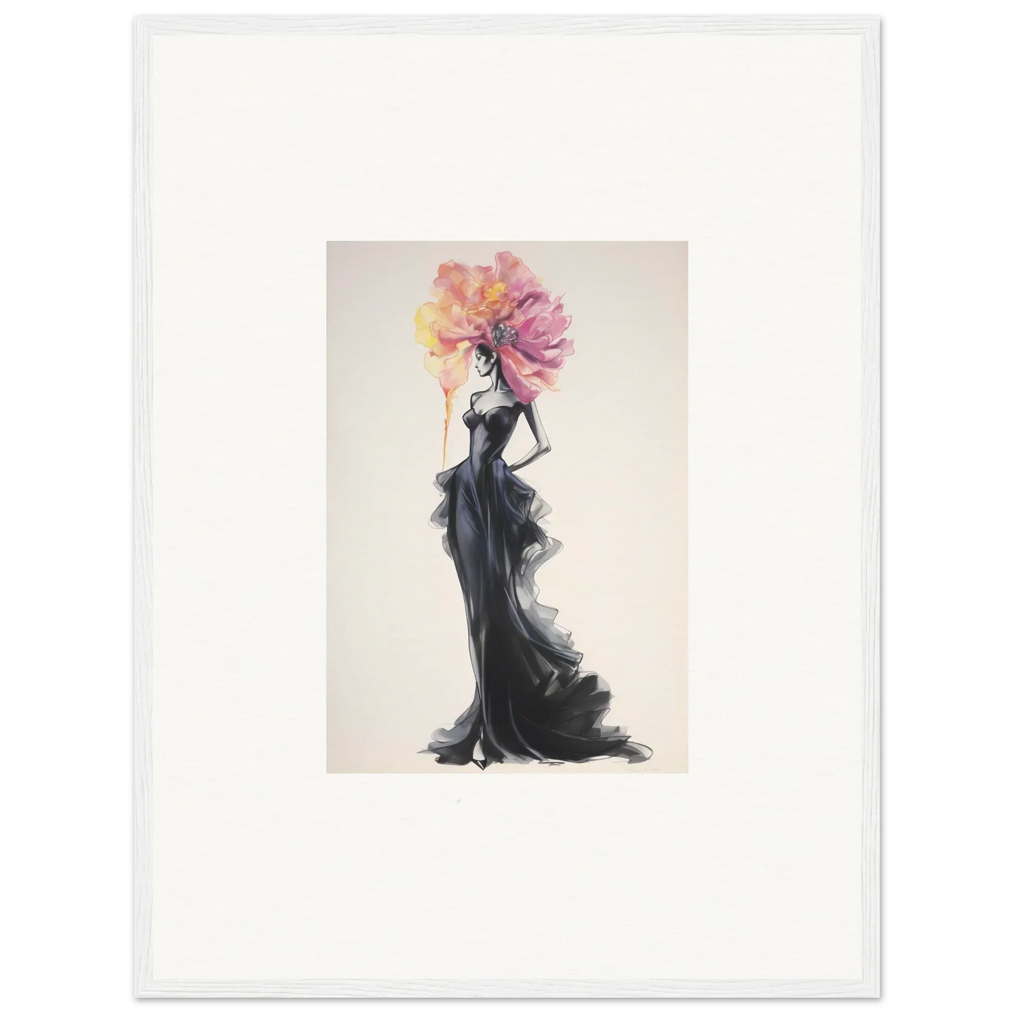 Elegant fashion illustration in a black evening gown with floral headpiece for premium framed wall art