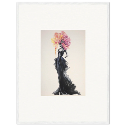 Elegant fashion illustration in a black evening gown with floral headpiece for premium framed wall art