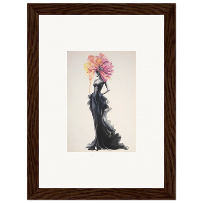 Fashion illustration of a figure in a black gown with a floral headpiece for Sombras de Blossoms special edition art™