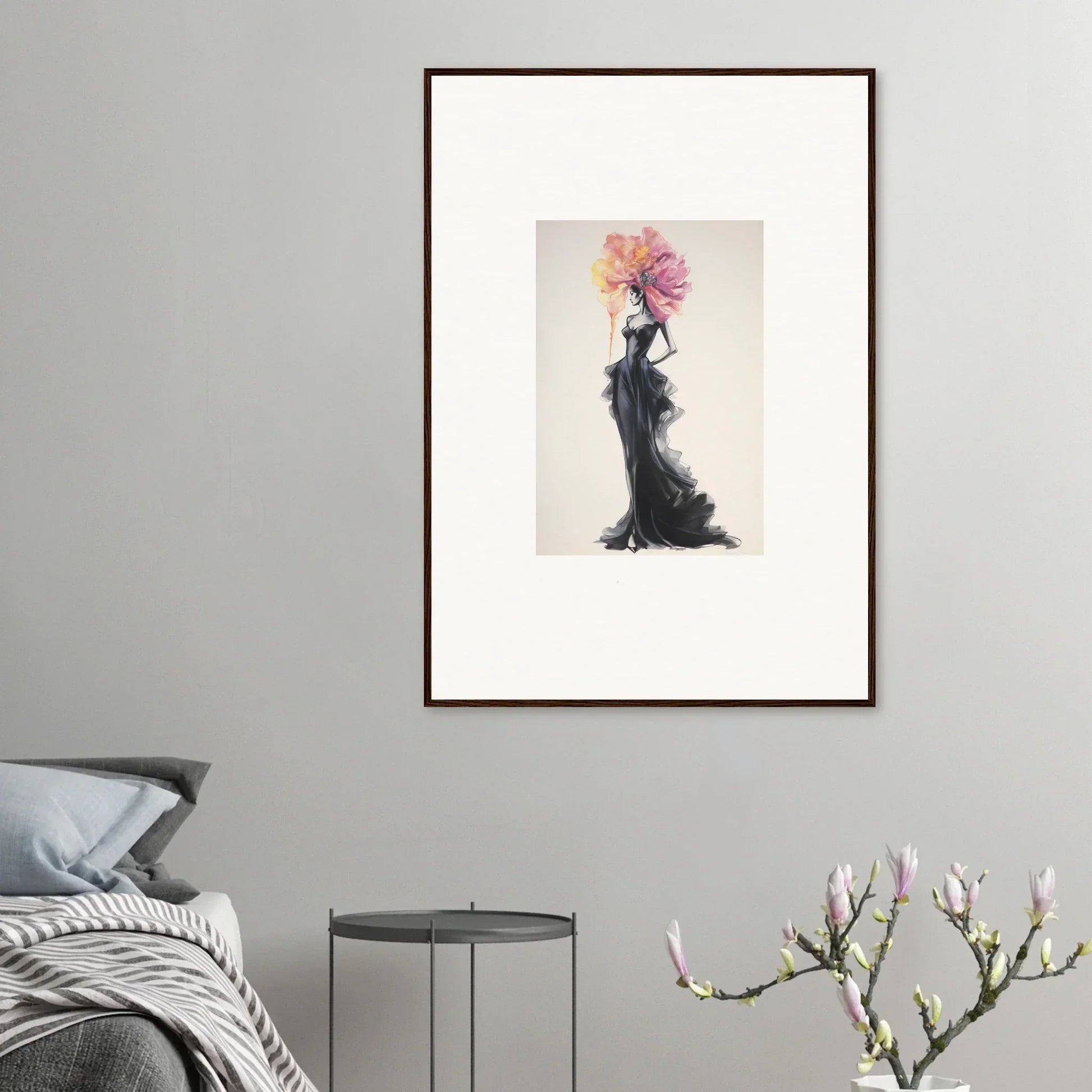 Elegant black dress with floral details in premium framed wall art Sombras de Blossoms