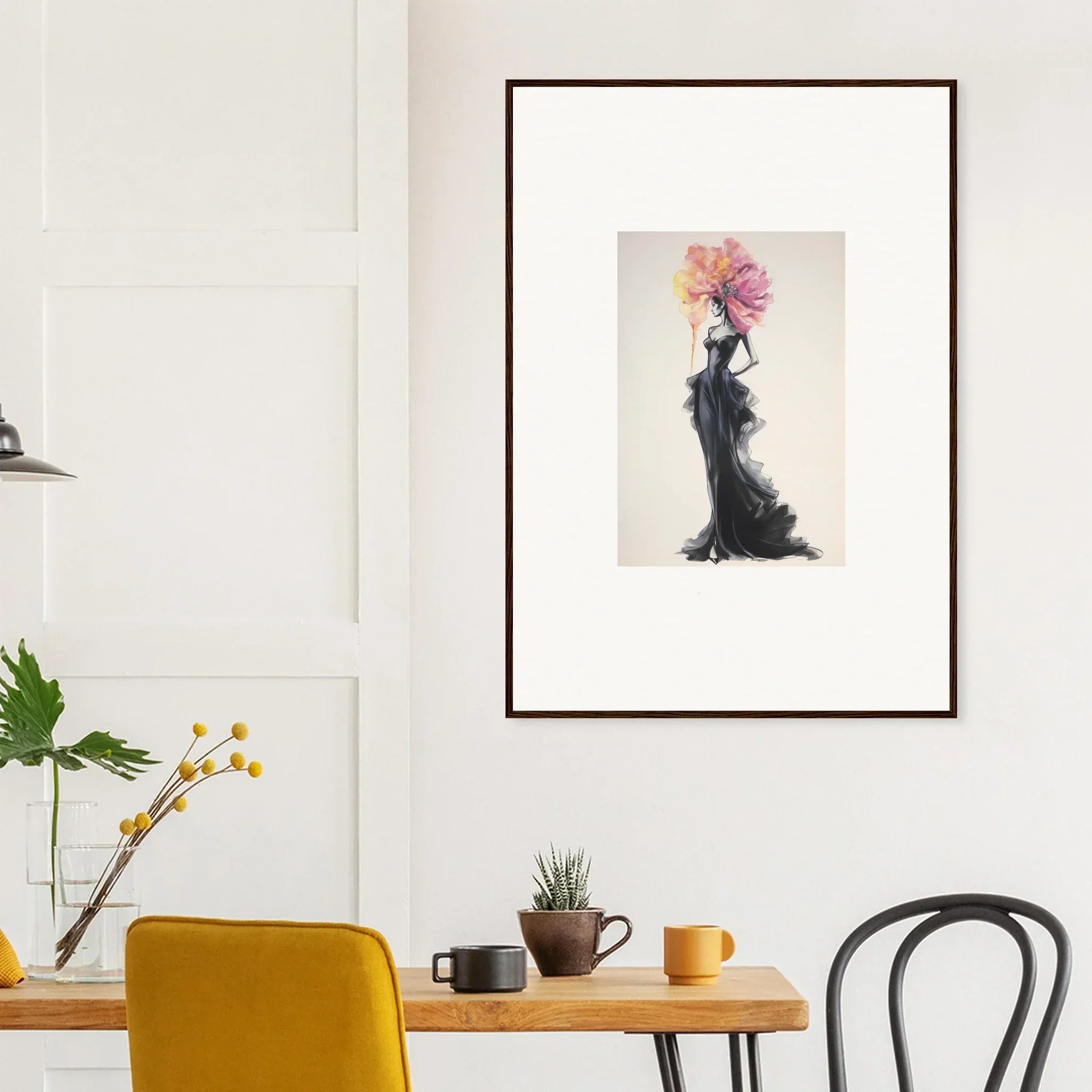 Framed wall art of a black dress blooming pink and purple flowers in Sombras de Blossoms