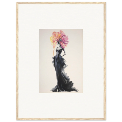 Elegant fashion illustration in a black evening gown for Sombras de Blossoms premium framed wall art