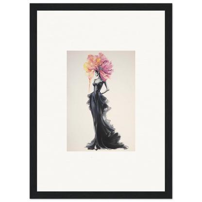 Fashion illustration of a figure in a black gown with floral headpiece for Sombras de Blossoms special edition art™