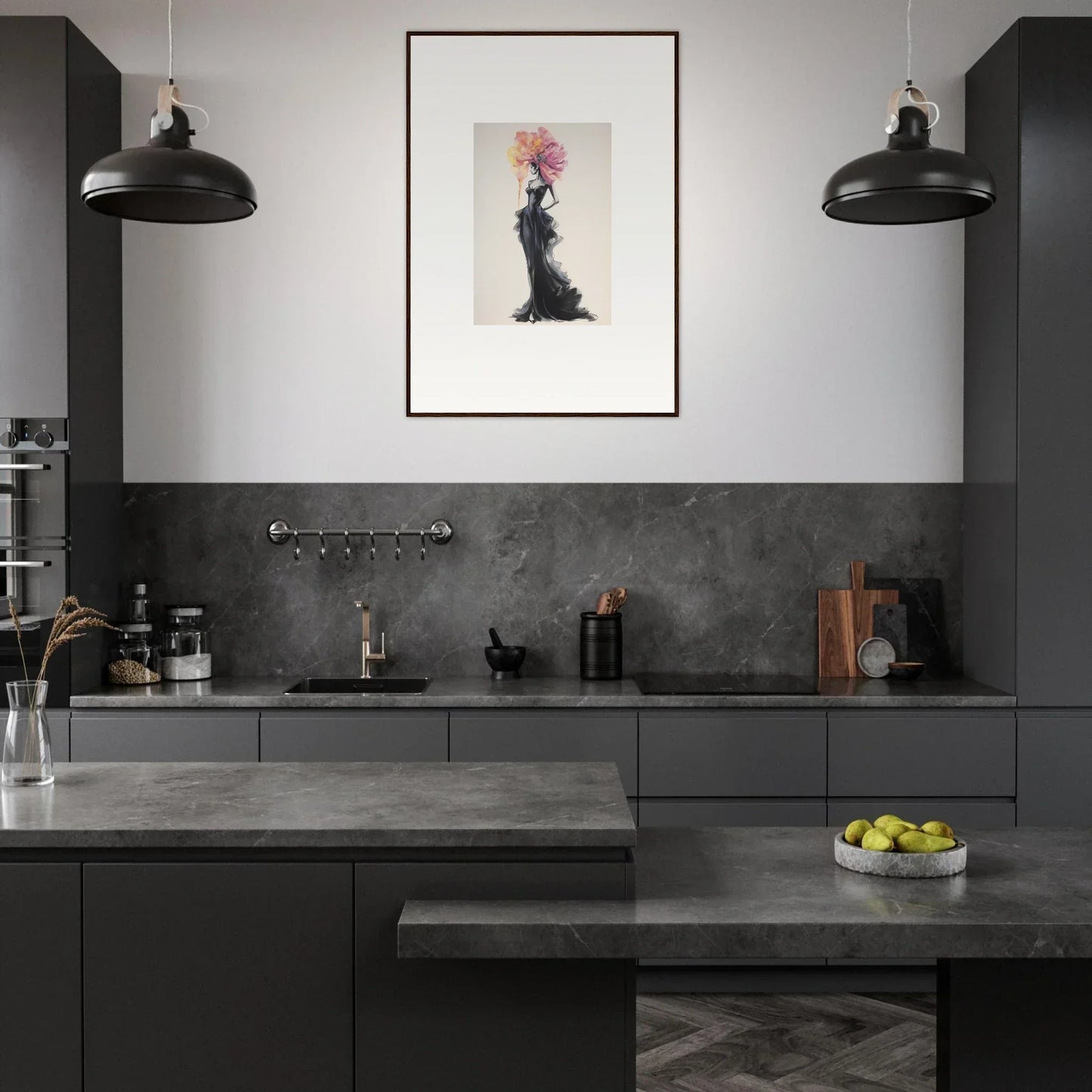 Modern dark gray kitchen featuring Sombras de Blossoms special edition art™ on the wall