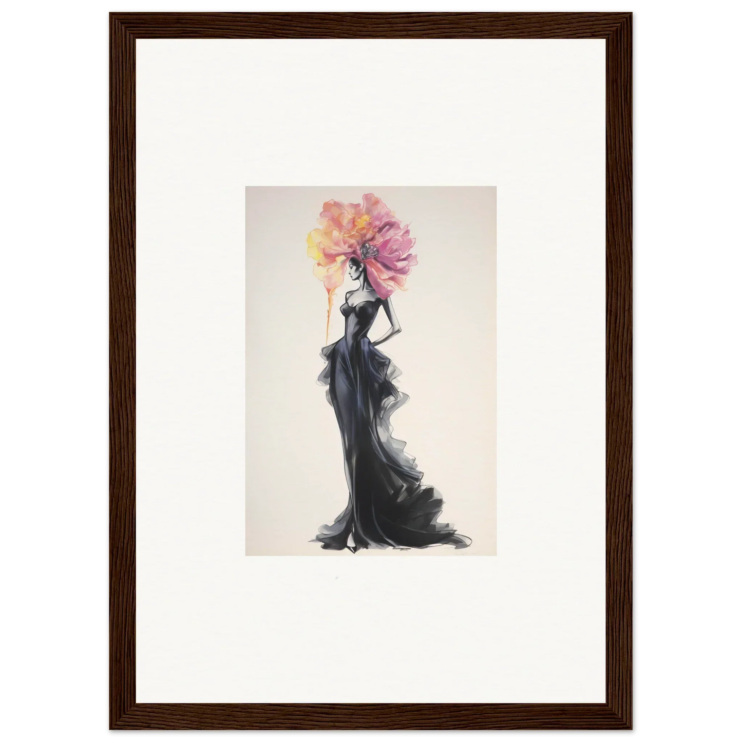 Fashion illustration of a figure in a black gown with a floral headpiece for Sombras de Blossoms premium framed wall art