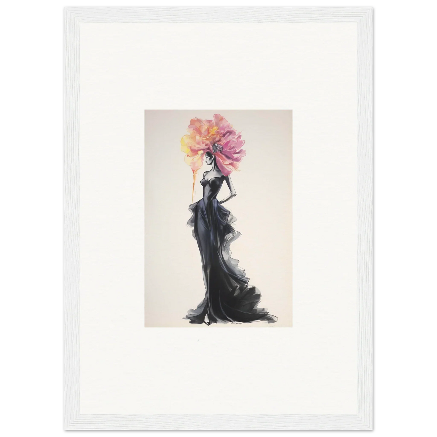 Fashion illustration of a figure in a black evening gown with floral headpiece for Sombras de Blossoms special edition art™