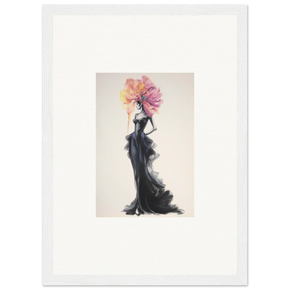 Fashion illustration of a figure in a black evening gown with floral headpiece for Sombras de Blossoms special edition art™