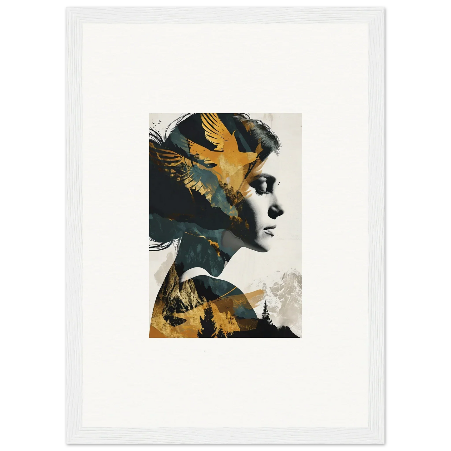 Artistic profile portrait with golden birds for a stunning Soulbird Ascension Tableau canvas print