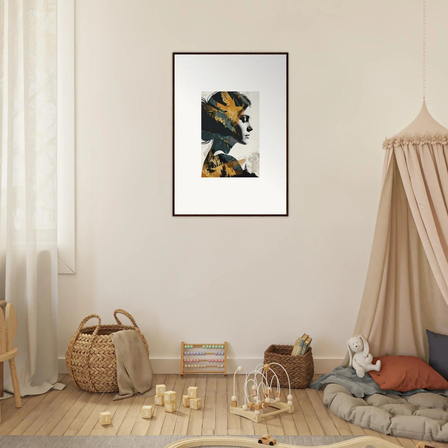 Framed abstract profile silhouette in vibrant shapes for a stylish room decoration