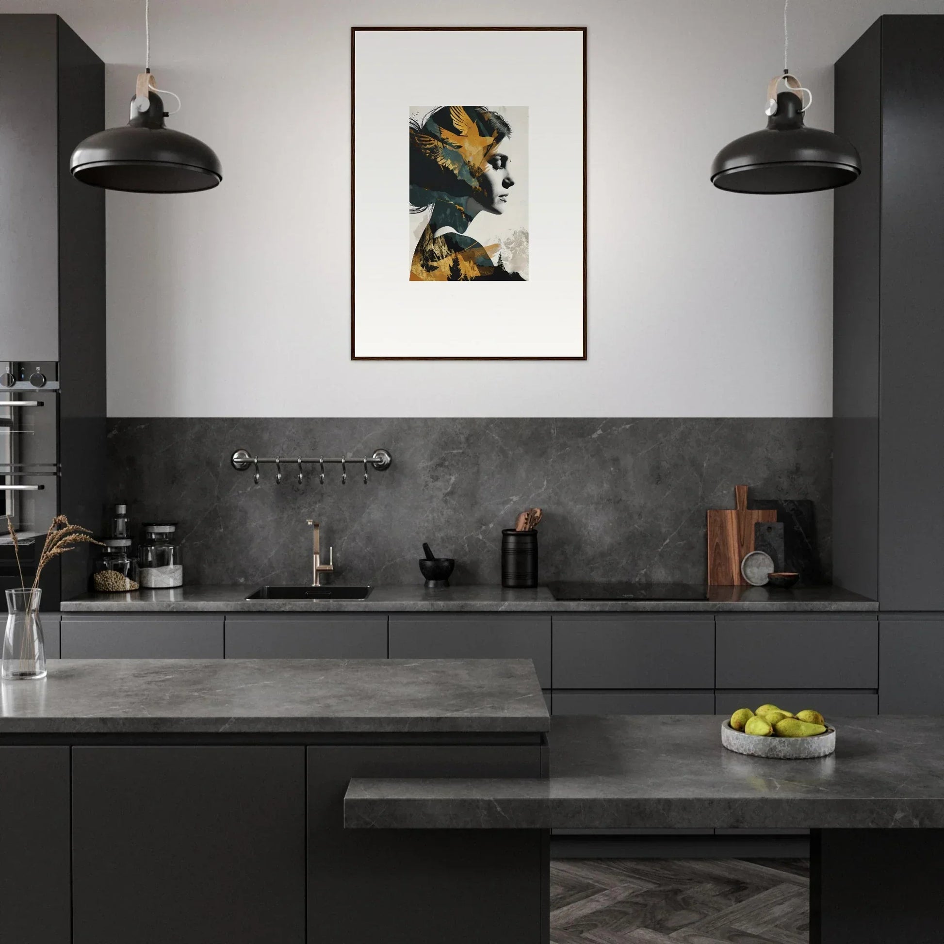 Modern kitchen featuring dark cabinetry, concrete countertops, and Soulbird Ascension Tableau art