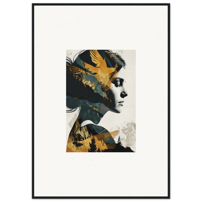 Artistic woman’s profile blends with golden bird design in Soulbird Ascension Tableau canvas print