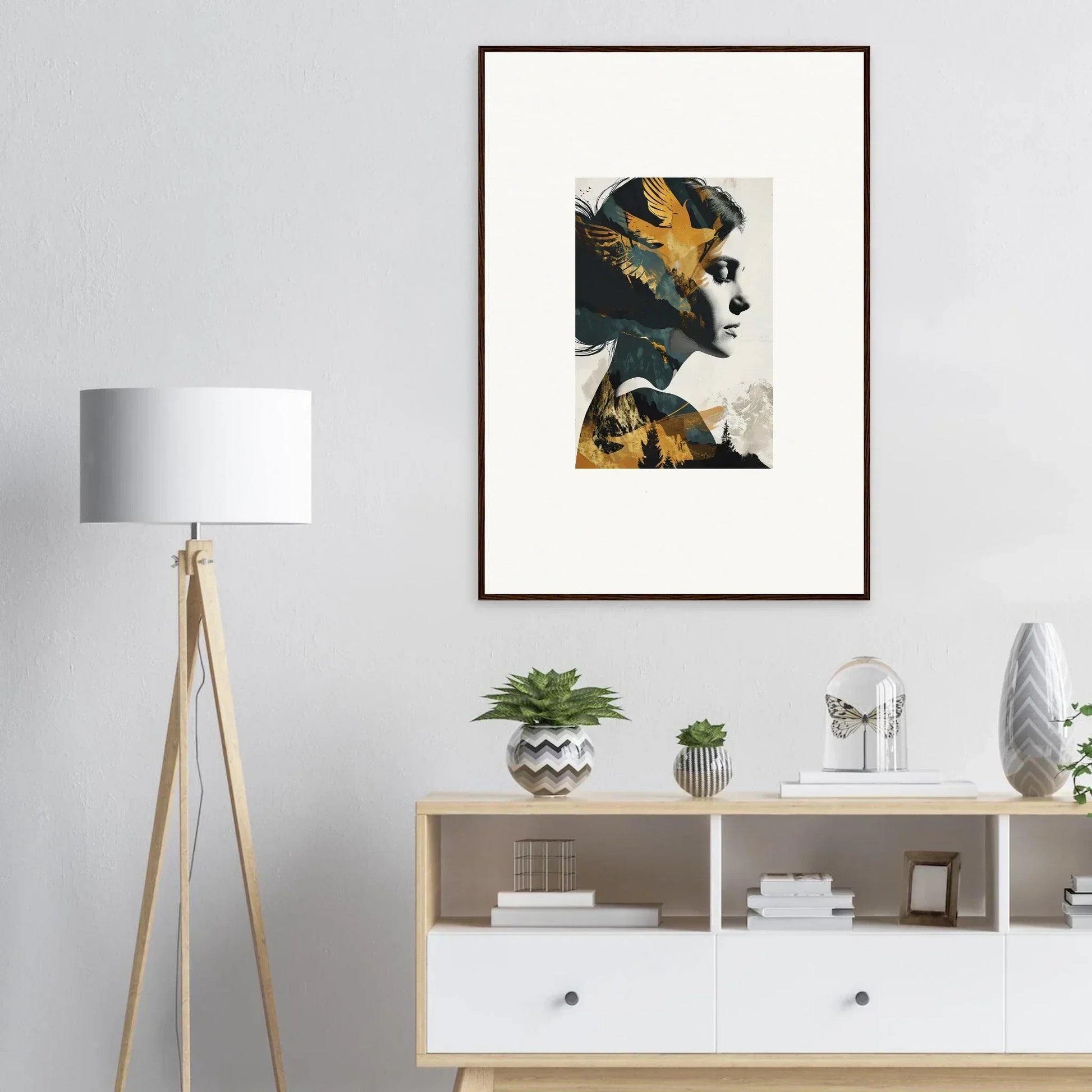 Framed abstract portrait art with gold and teal, perfect for room decoration or canvas print