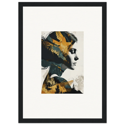 Artistic woman profile blend with golden birds in Soulbird Ascension Tableau canvas print