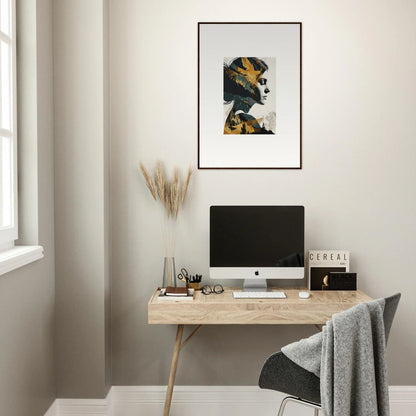 Minimalist home office with Soulbird Ascension Tableau canvas print and wooden desk