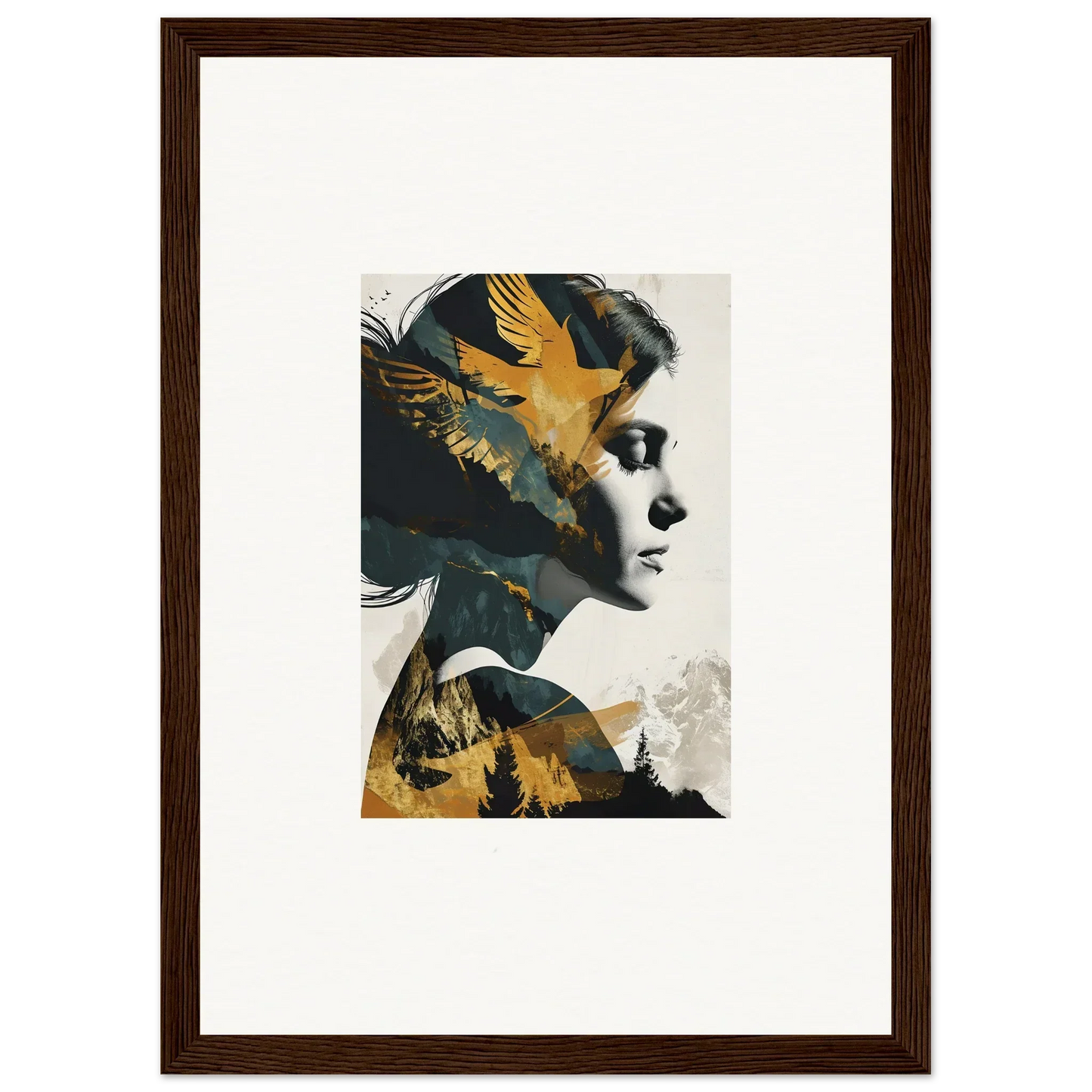 Artistic portrait of woman and golden birds for a unique ascension tableau canvas print