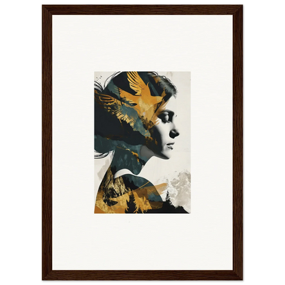 Artistic portrait of woman and golden birds for a unique ascension tableau canvas print