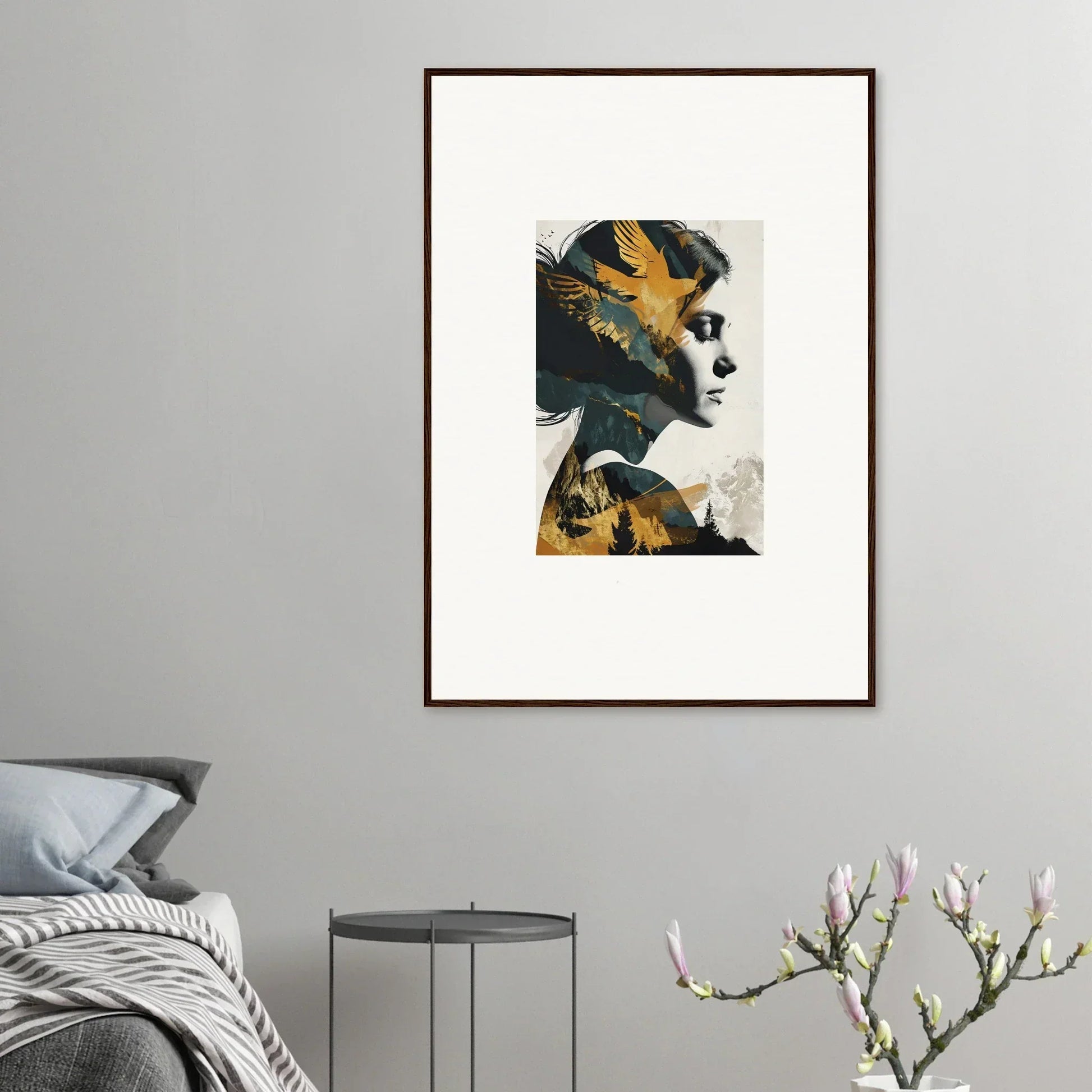 Framed abstract portrait canvas print in yellow and blue for unique room decoration