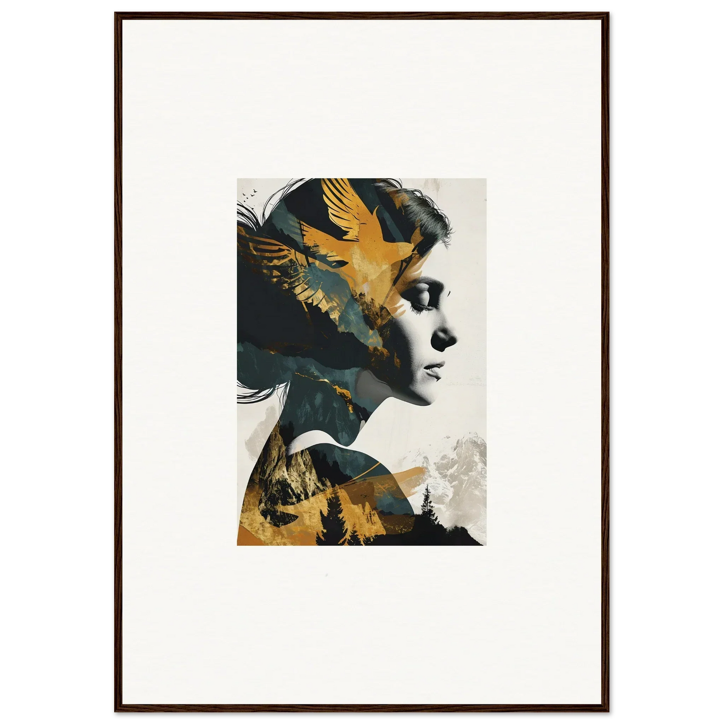 Framed canvas print of a woman’s profile with golden birds for room decoration