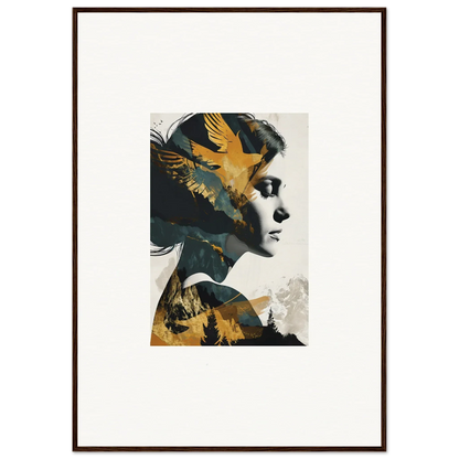 Framed canvas print of a woman’s profile with golden birds for room decoration