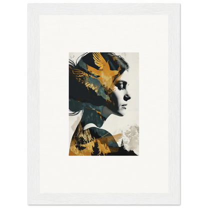 Artistic portrait with abstract golden bird, perfect for an Ascension Tableau canvas print