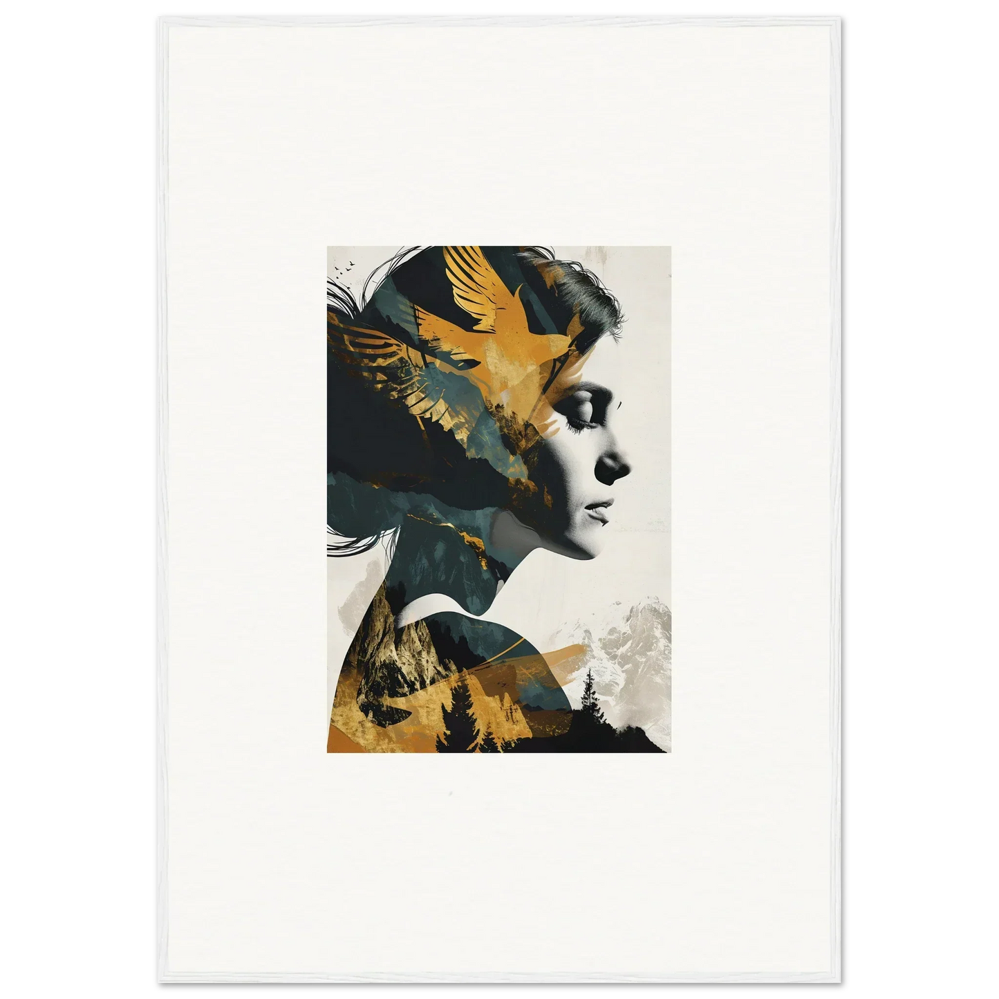 Artistic woman’s profile blended with golden birds in Soulbird Ascension Tableau canvas print