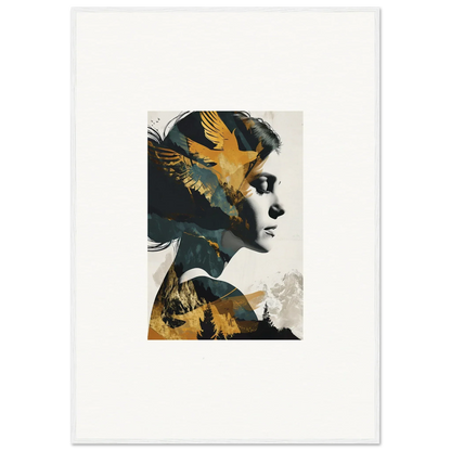 Artistic woman’s profile blended with golden birds in Soulbird Ascension Tableau canvas print