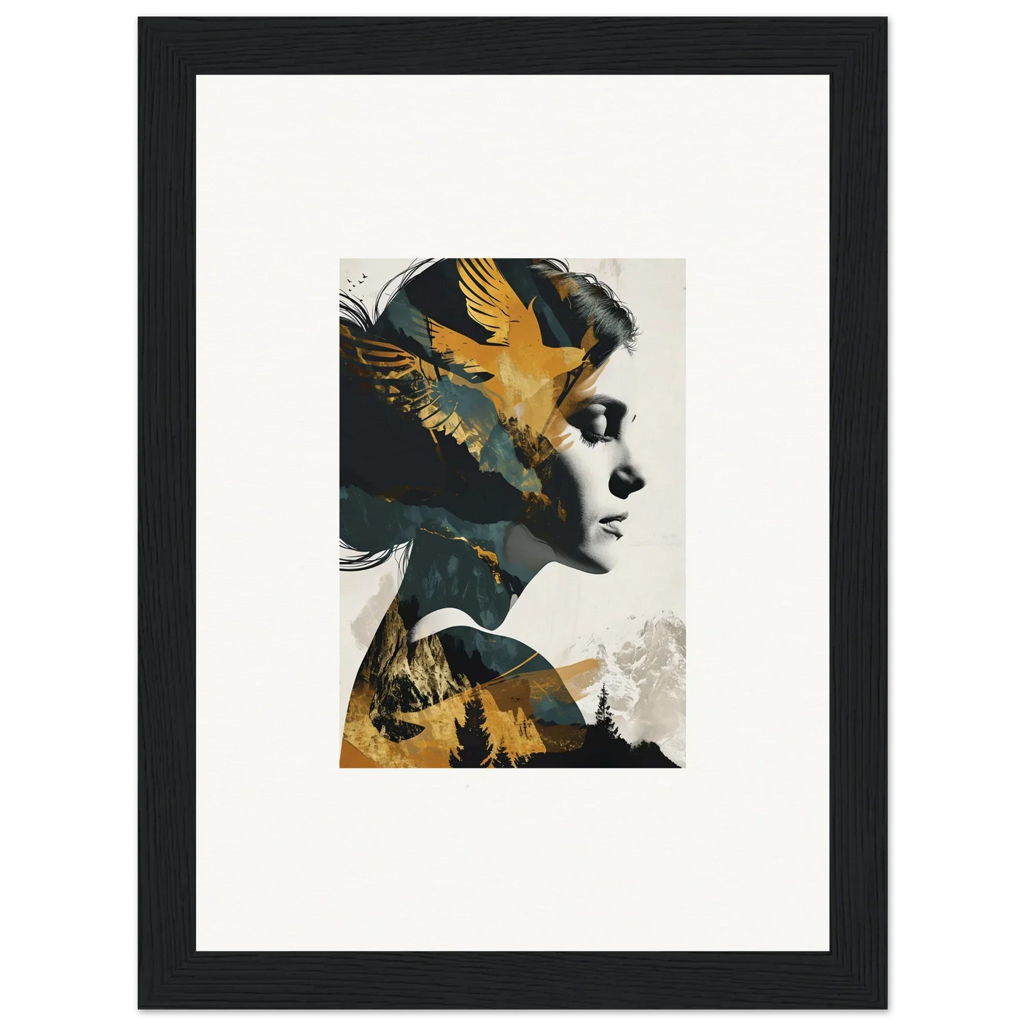 Artistic portrait with golden bird motifs for Soulbird Ascension Tableau canvas print