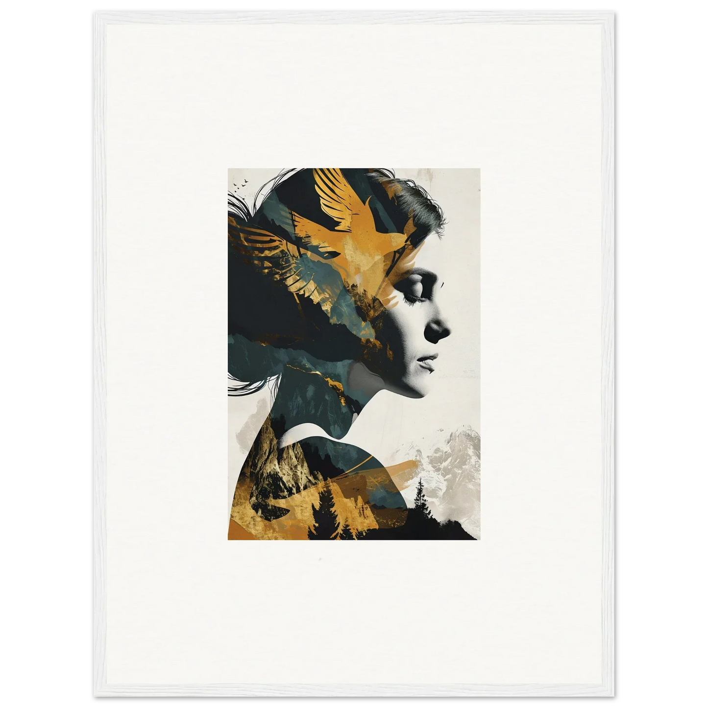 Artistic woman profile with golden birds for a unique ascension tableau canvas print