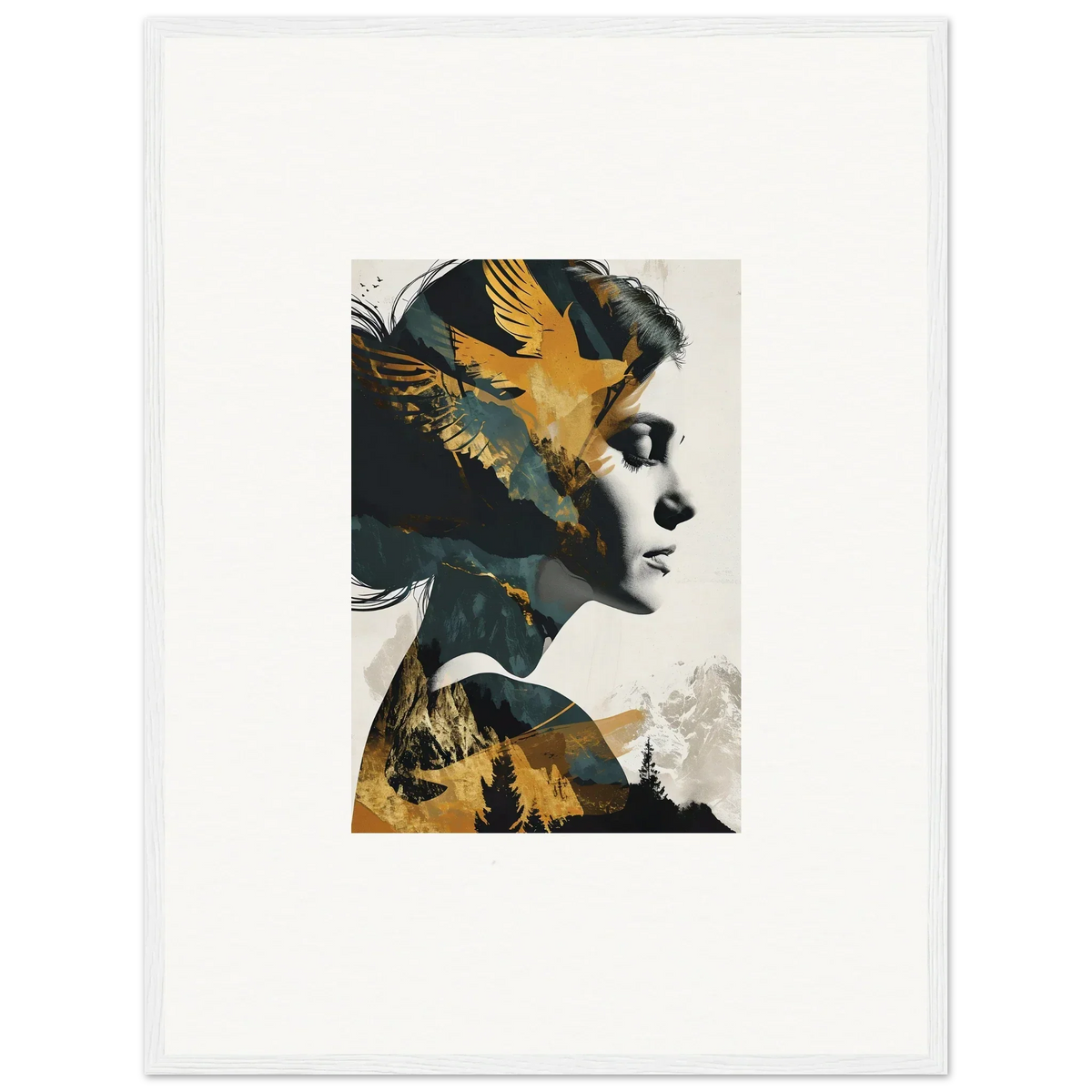 Artistic woman profile with golden birds for a unique ascension tableau canvas print