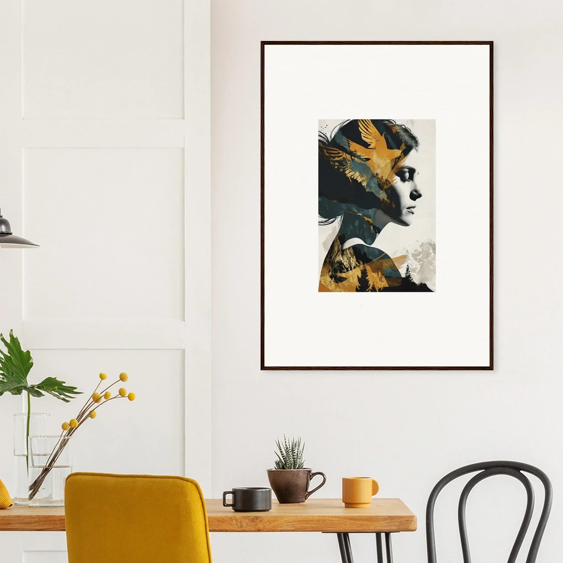 Framed abstract portrait canvas print in bold yellow and blue for stylish room decoration