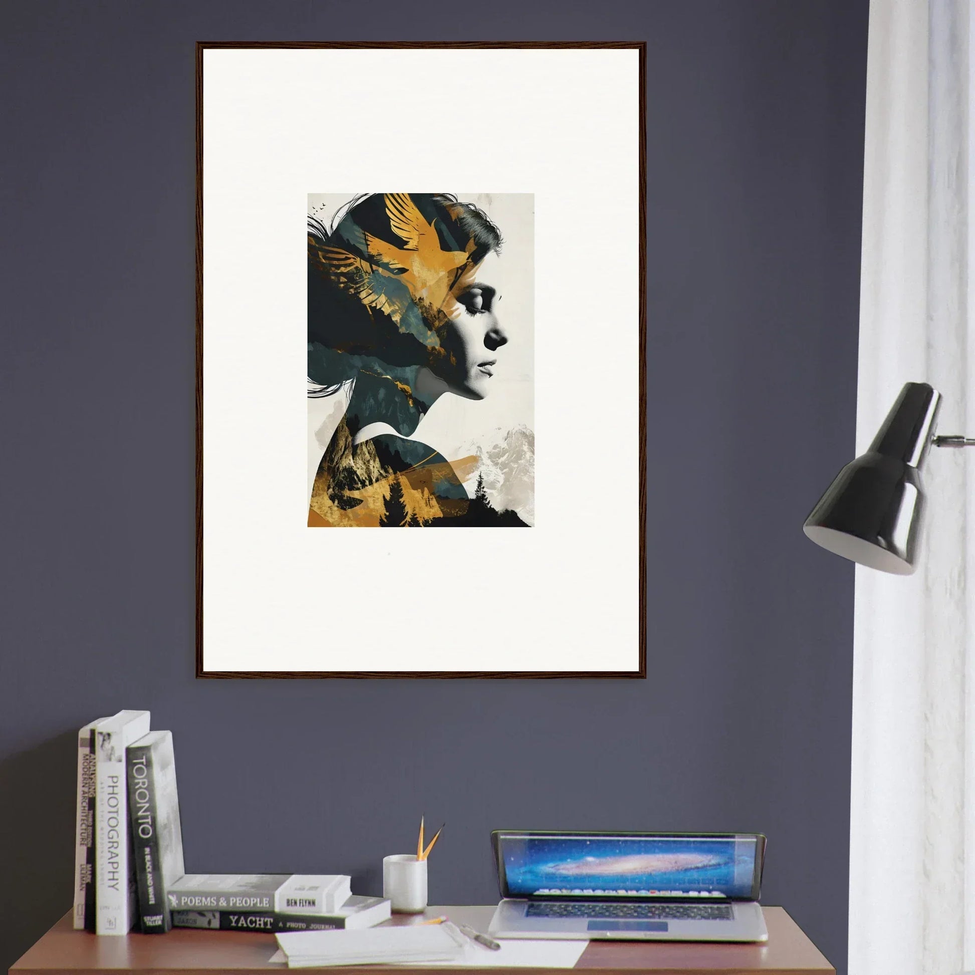 Framed artistic portrait in bold yellow and black for a striking room decoration canvas print